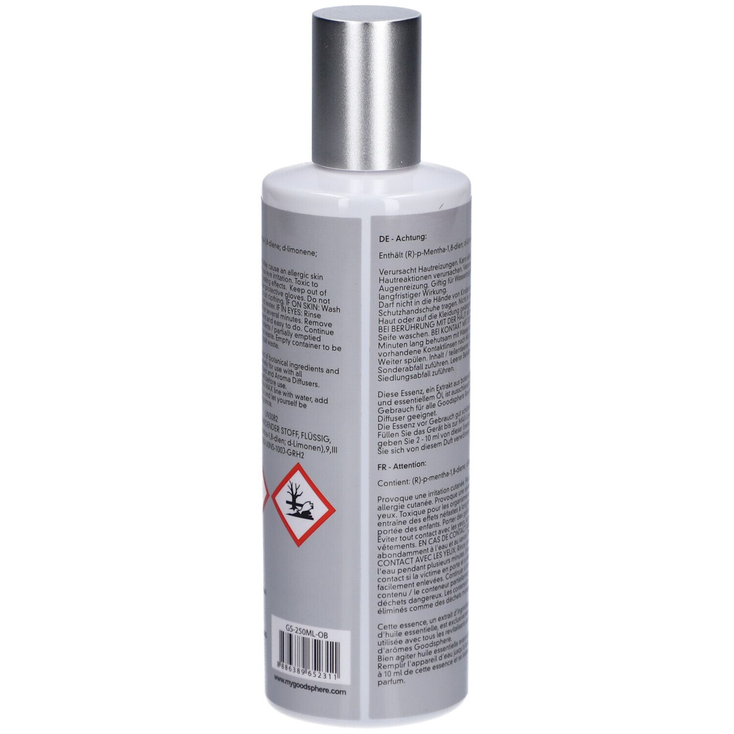 Rückseite der Flasche. Text in deutscher und französischer Sprache. Enthält Inhaltsstoffe. Gefahrensymbole.