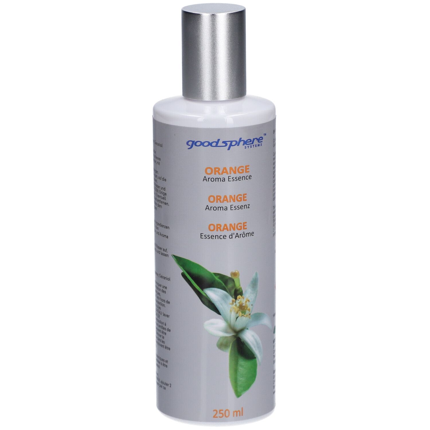 Flasche mit silbernem Verschluss. Aufschrift: Goodsphere, Orange Aroma Essenz. Abbildung einer Blüte. 250 ml.