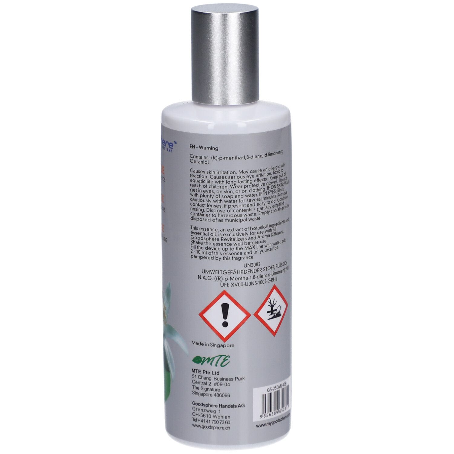 Rückseite der Flasche. Text in deutscher Sprache. Enthält Inhaltsstoffe. Gefahrensymbole. Hergestellt in Singapur.