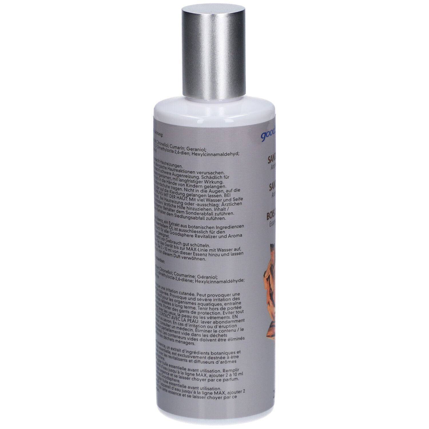 Flasche mit silbernem Deckel. Rückseite mit Text in Deutsch und Französisch. Enthält Inhaltsstoffe.