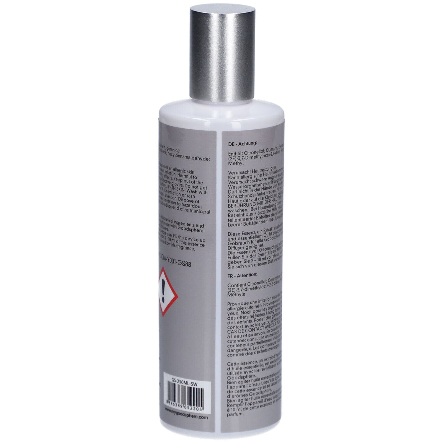 Flasche mit silbernem Deckel. Rückseite mit Text in Deutsch und Französisch. Enthält Warnhinweise.
