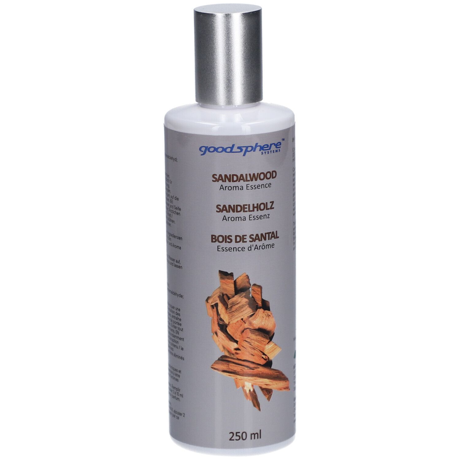 Flasche mit silbernem Deckel. Aufschrift: Sandelholz Aroma Essenz. Abbildung von Holzstücken. 250 ml.