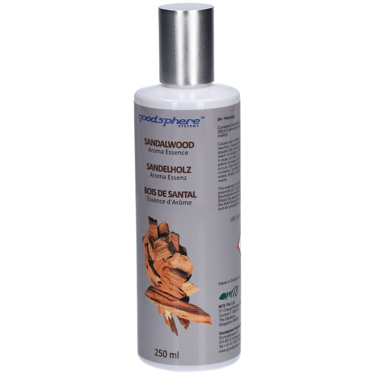 Flasche mit silbernem Deckel. Aufschrift: Sandelholz Aroma Essenz. Abbildung von Holzstücken. 250 ml.