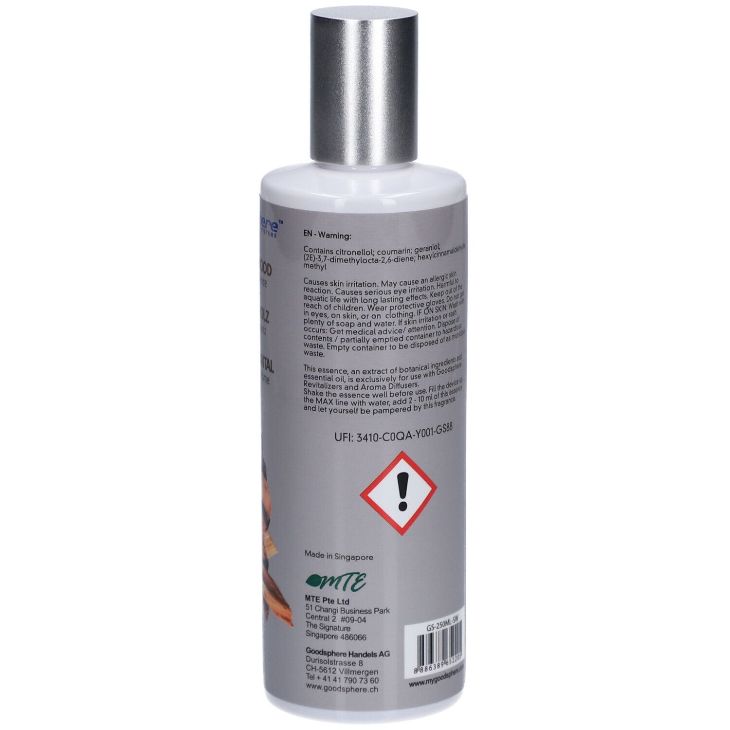 Flasche mit silbernem Deckel. Rückseite mit Text in Englisch. Enthält Warnhinweise und Inhaltsstoffe.