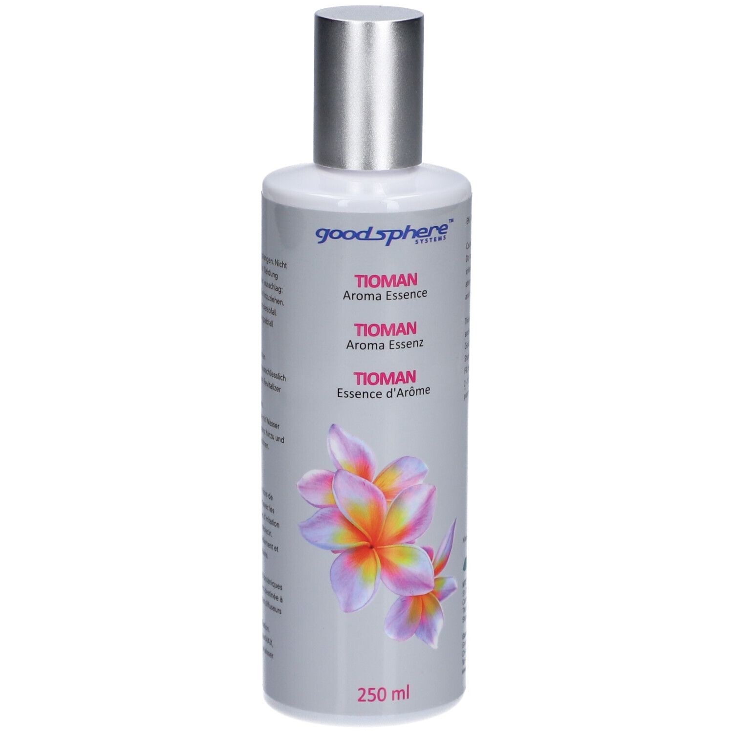 Graue Flasche mit silbernem Deckel. Aufschrift: TIOMAN Aroma Essenz. Blumenabbildung. 250 ml.