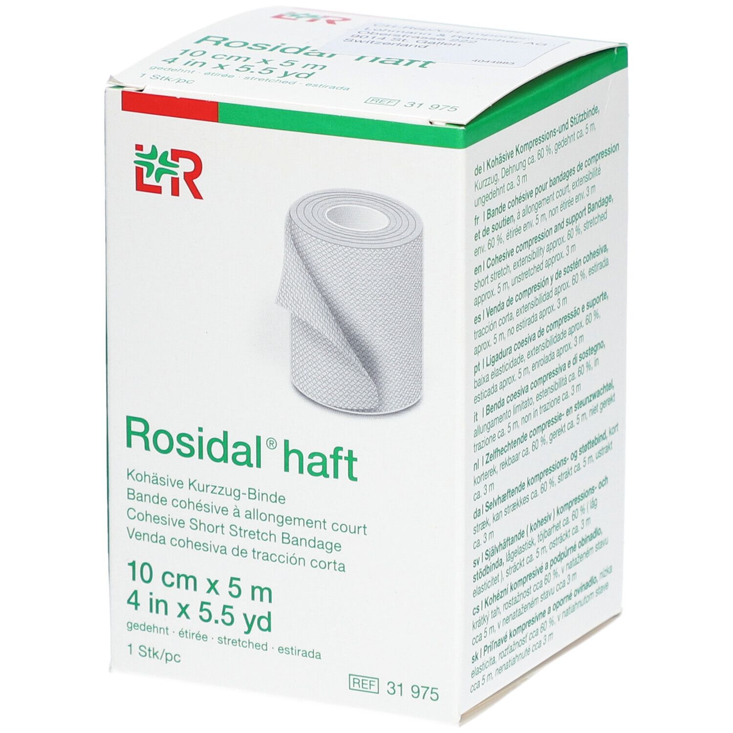 Rosidal® haft, bandage cohésif à allongement court. Boîte avec rouleau de bandage. Dimensions : 10 cm x 5 m. Emballage vert et blanc.