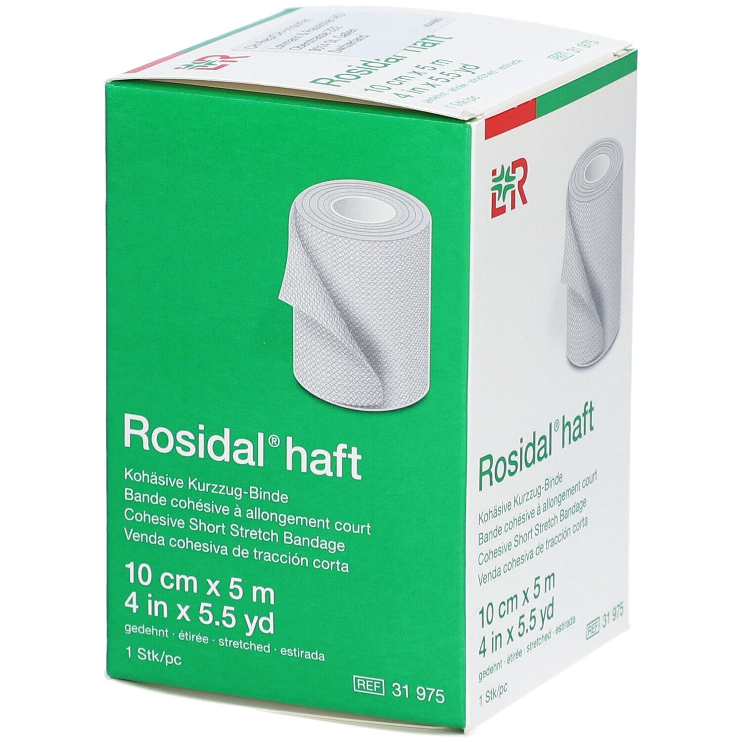 Rosidal® haft, bandage cohésif à allongement court. Boîte avec rouleau de bandage. Dimensions : 10 cm x 5 m. Emballage vert et blanc.