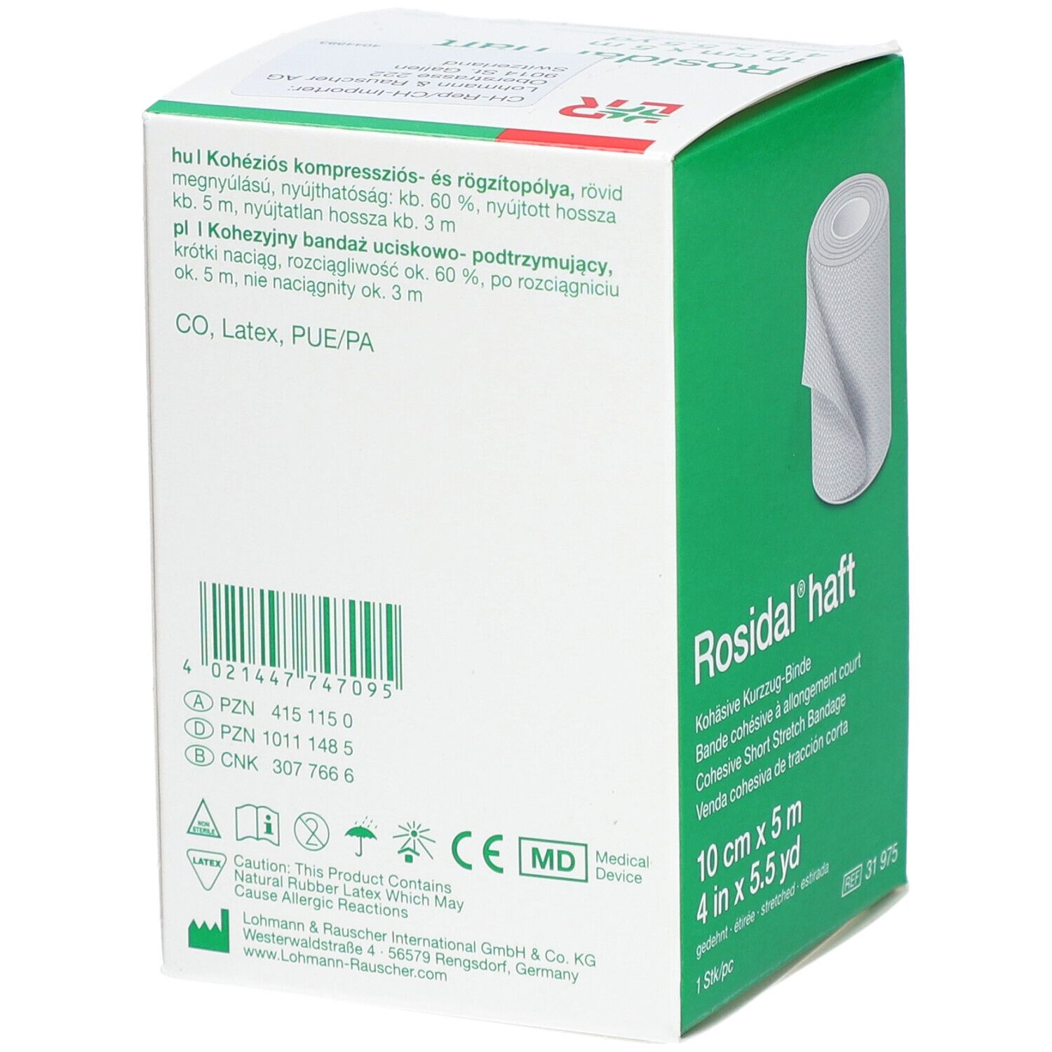 Rosidal® haft, emballage. Informations produit et certifications au dos. Contient du latex. Marquage CE.