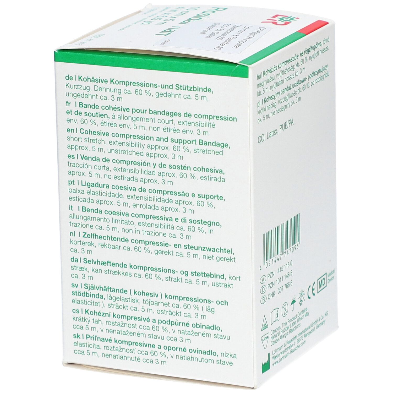 Rosidal® haft, emballage. Informations produit et certifications au dos. Contient du latex. Marquage CE.