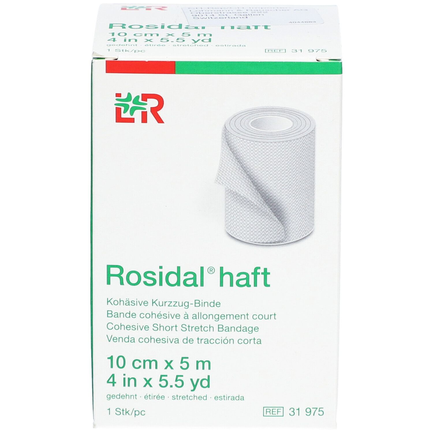 Rosidal® haft, bandage cohésif à allongement court. Boîte avec rouleau de bandage. Dimensions : 10 cm x 5 m. Emballage vert et blanc.