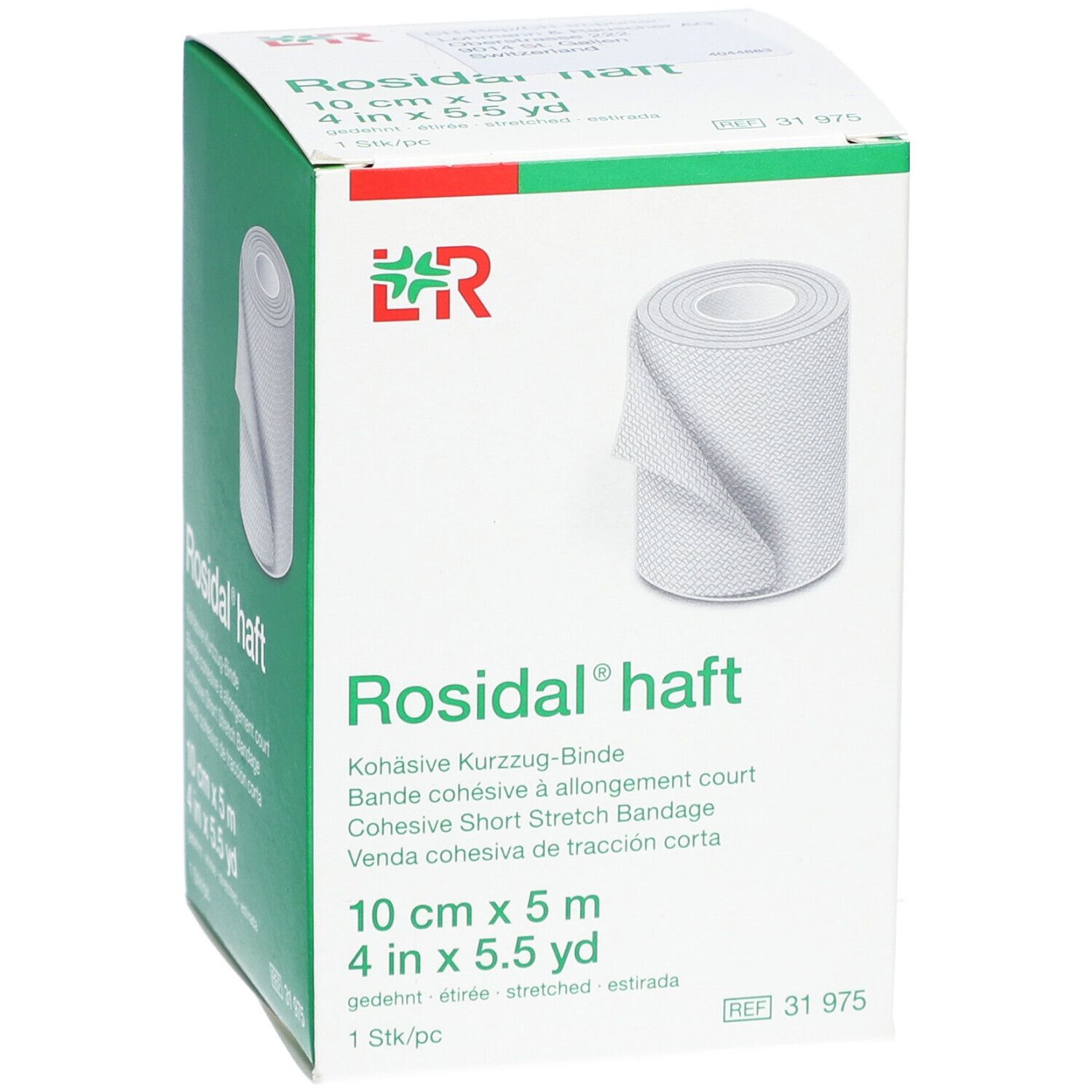 Rosidal® haft, bandage cohésif à allongement court. Boîte avec rouleau de bandage. Dimensions : 10 cm x 5 m. Emballage vert et blanc.