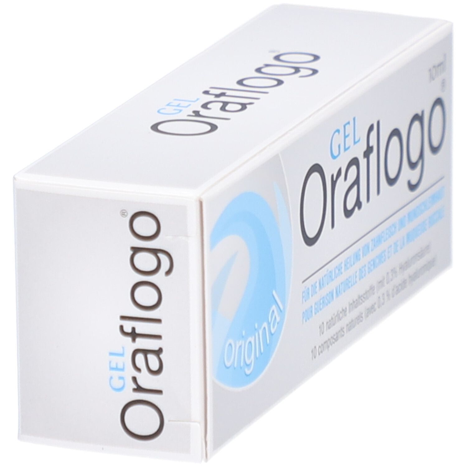 Schachtel Oraflogo Gel, weiß mit blauem Design. Aufdruck: Oraflogo Gel, 10ml. Original. Schräge Ansicht.