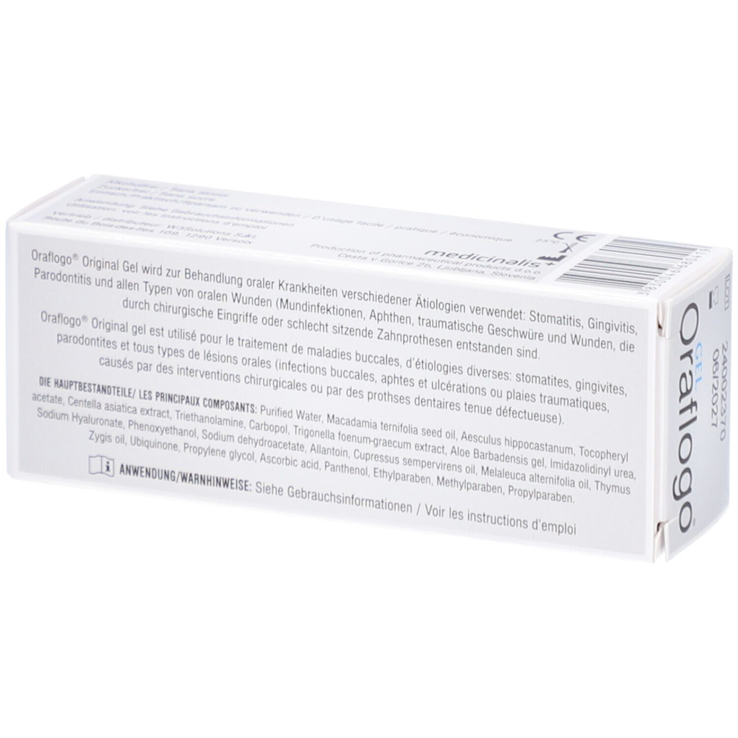 Rückseite der Oraflogo Gel-Schachtel. Text: Inhaltsstoffe, Anwendungshinweise. Barcode und Chargennummer.