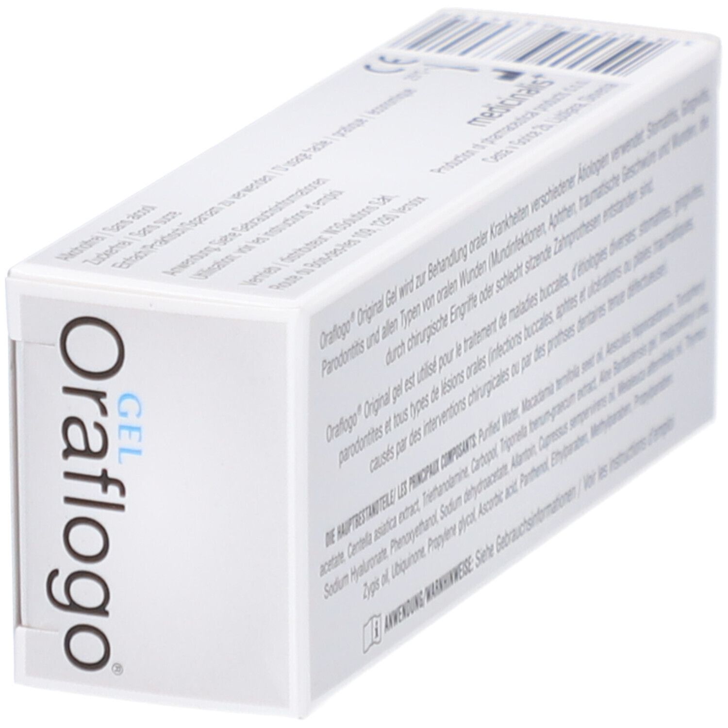 Schachtel Oraflogo Gel, schräge Ansicht. Text: Inhaltsstoffe, Anwendungshinweise. Barcode und Chargennummer.