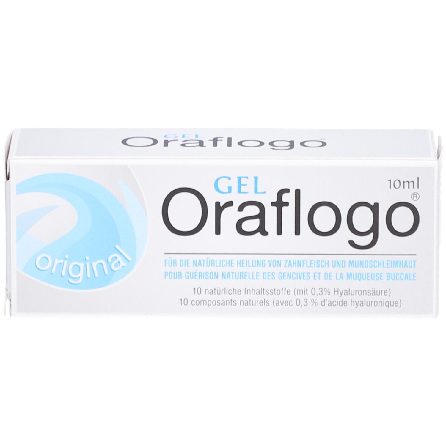 Weiße Schachtel mit blauem Design. Oraflogo Gel, 10ml. Text: Für die natürliche Heilung von Zahnfleisch und Mundschleimhaut.