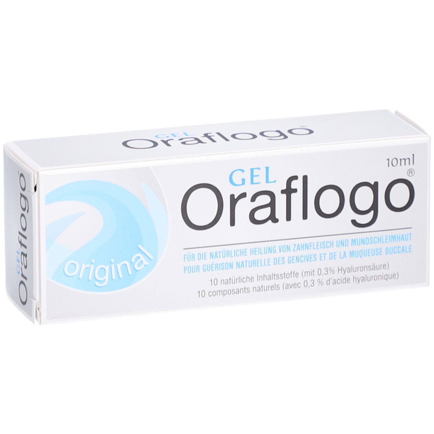 Weiße Schachtel mit blauem Design. Oraflogo Gel, 10ml. Text: Für die natürliche Heilung von Zahnfleisch und Mundschleimhaut.