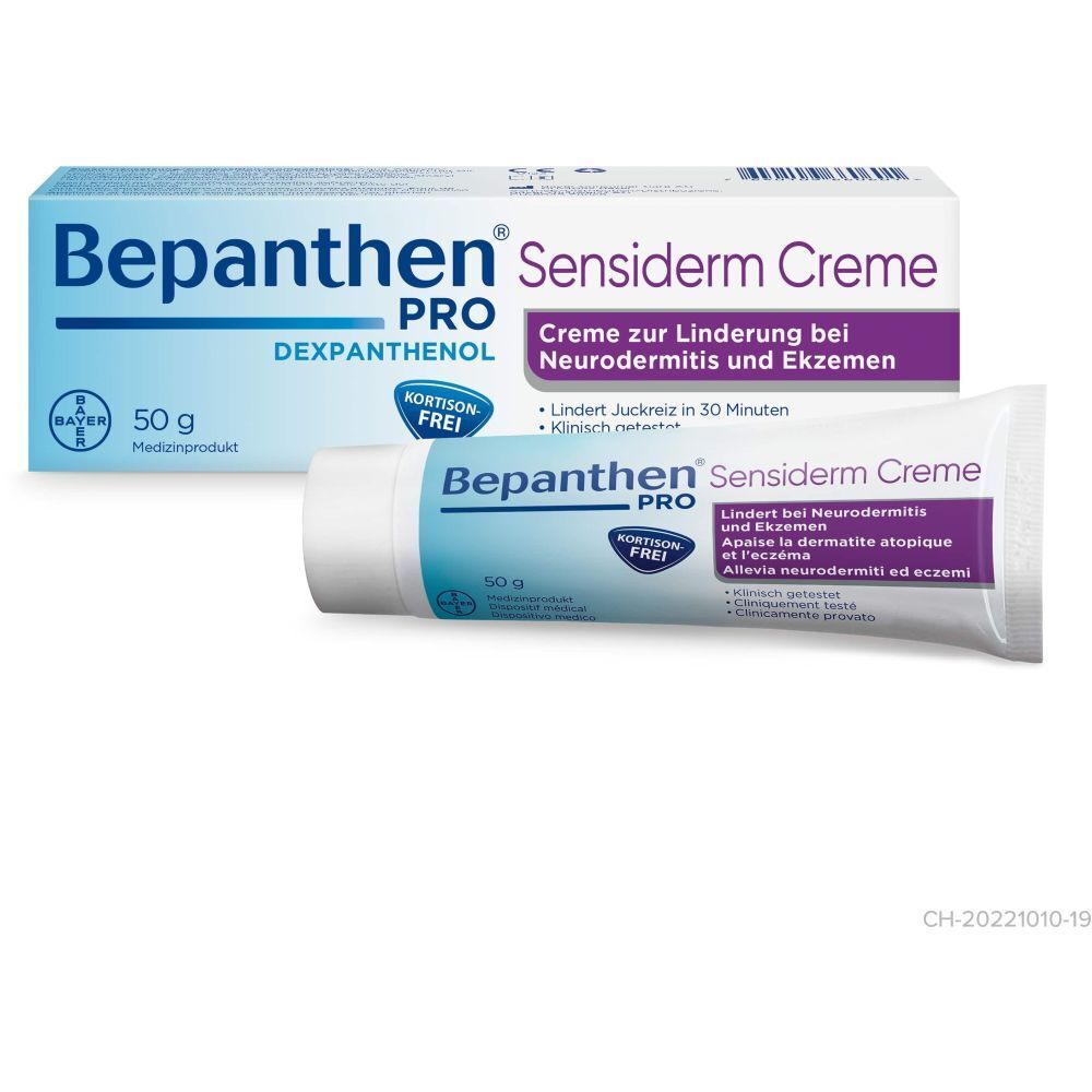 BEPANTHEN® Pro Sensiderm Crème et emballage. Tube et boîte avec nom du produit, ingrédients et logo.