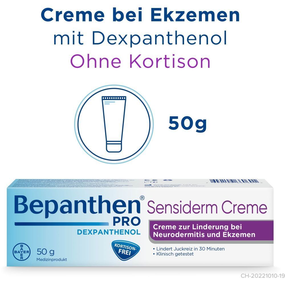 BEPANTHEN® Pro Sensiderm Crème, tube et 50g. Texte : Crème pour eczéma avec dexpanthénol. Sans cortisone.