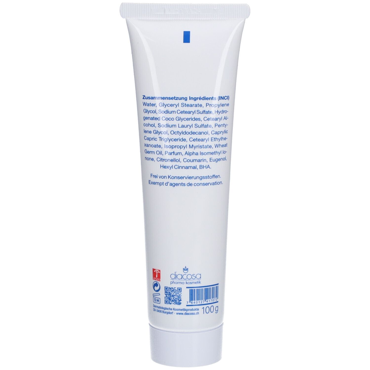 Rückseite der weißen Tube. Text: Zusammensetzung. Inhaltsstoffe. 100g. Docosa Pharma AG Logo. Barcode.