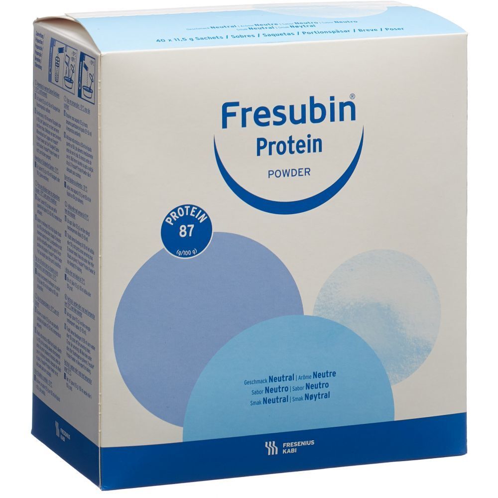 Karton mit FRESUBIN Protein Powder. Blaue und weiße Verpackung. Text: Protein 87, Neutral.