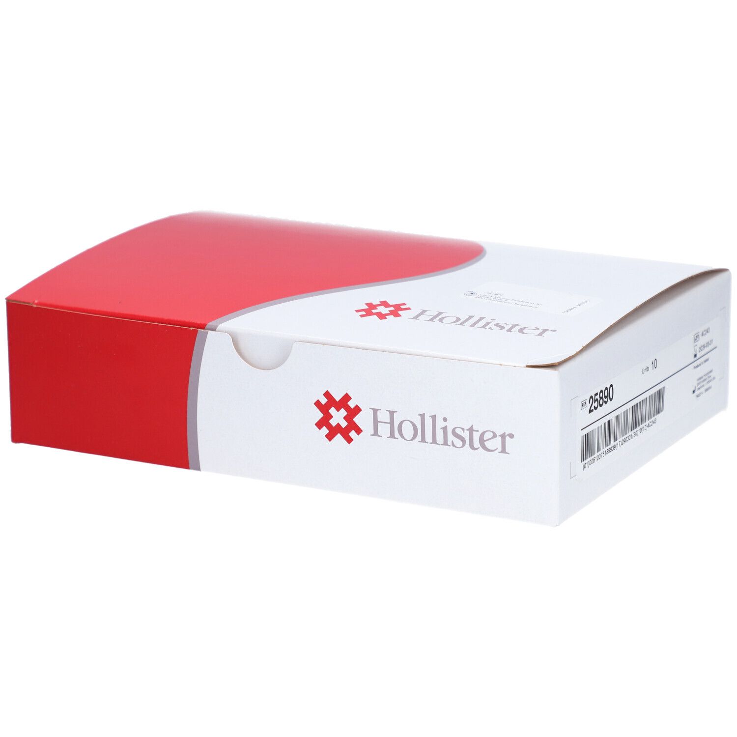 Weiß-rote Verpackung. Hollister-Logo und Produktinformationen. Aufschrift: 10 Stk.