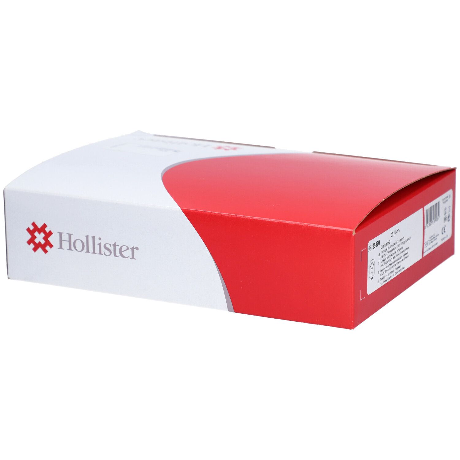 Weiß-rote Verpackung. Hollister-Logo und Produktinformationen. Verpackung von der Seite.