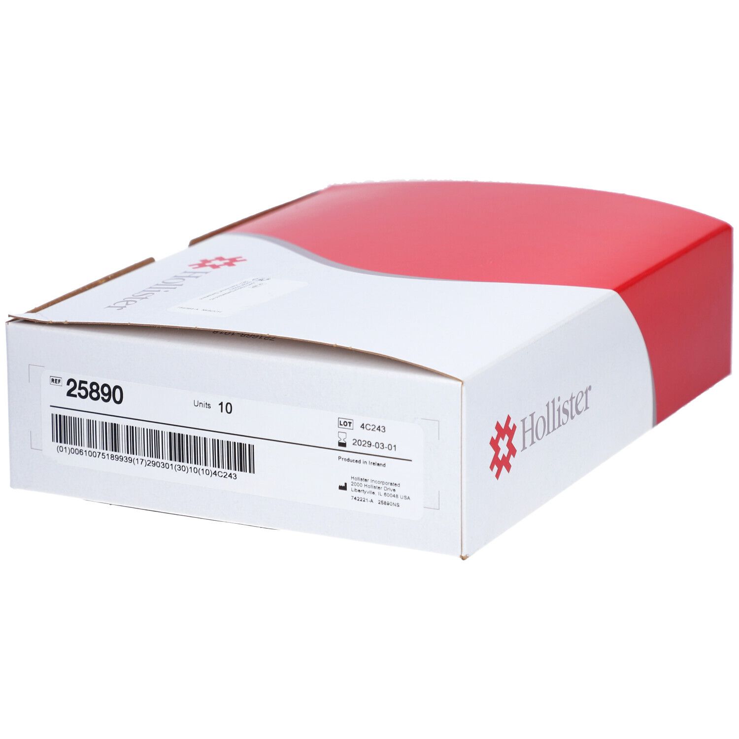 Weiß-rote Verpackung. Hollister-Logo und Produktinformationen. Aufschrift: 10 Stk. und Chargennummer.