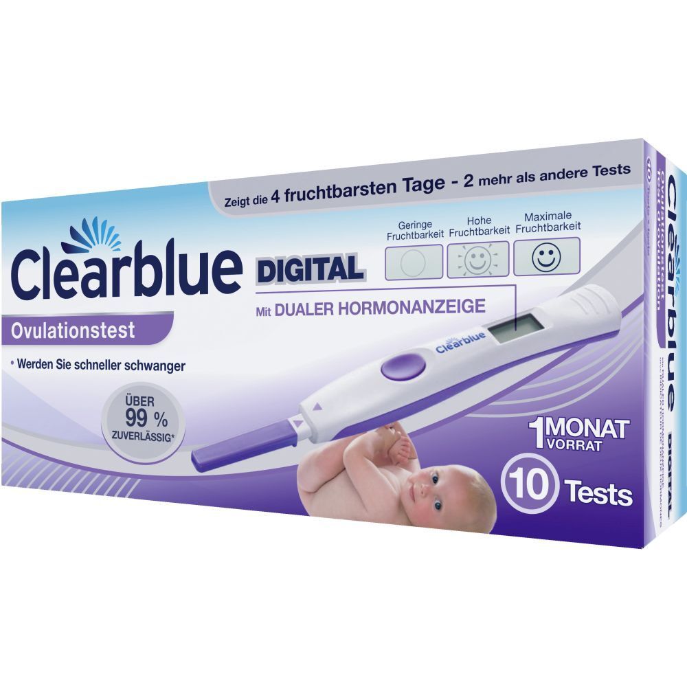 Verpackung mit Clearblue Ovulationstest Digital. Enthält 10 Tests. Aufdrucke: Digital, 99% zuverlässig, 4 fruchtbarste Tage.