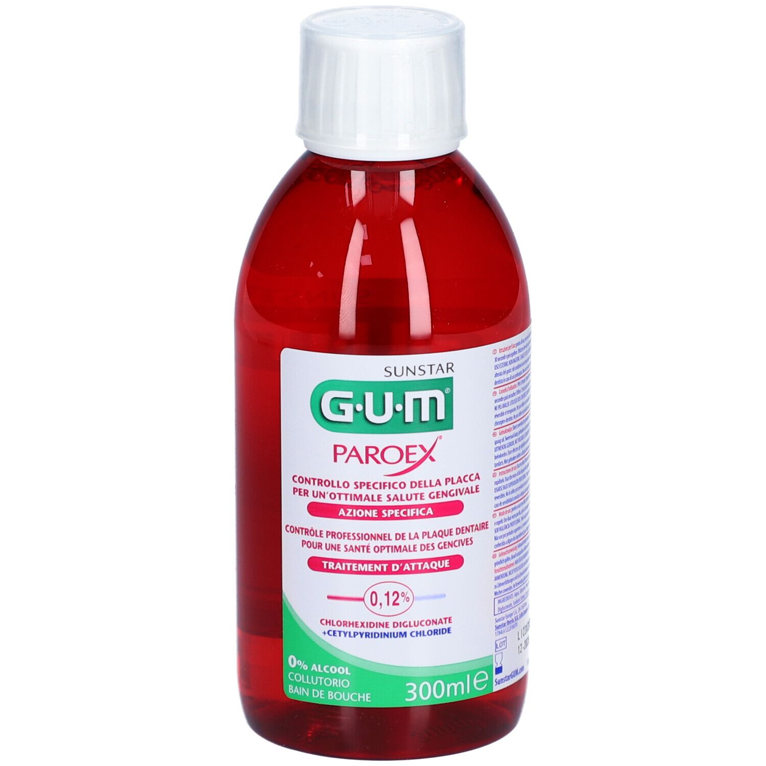 Rote Flasche mit weißem Deckel. Aufschrift: G.U.M. PAROEX, 0,12%.