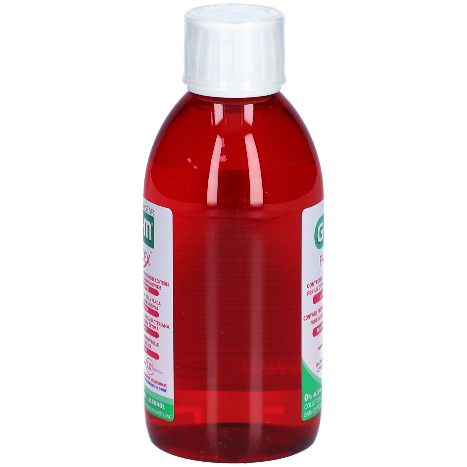 Rote Flasche mit weißem Deckel. Aufschrift: G.U.M. PAROEX, 0,12%.