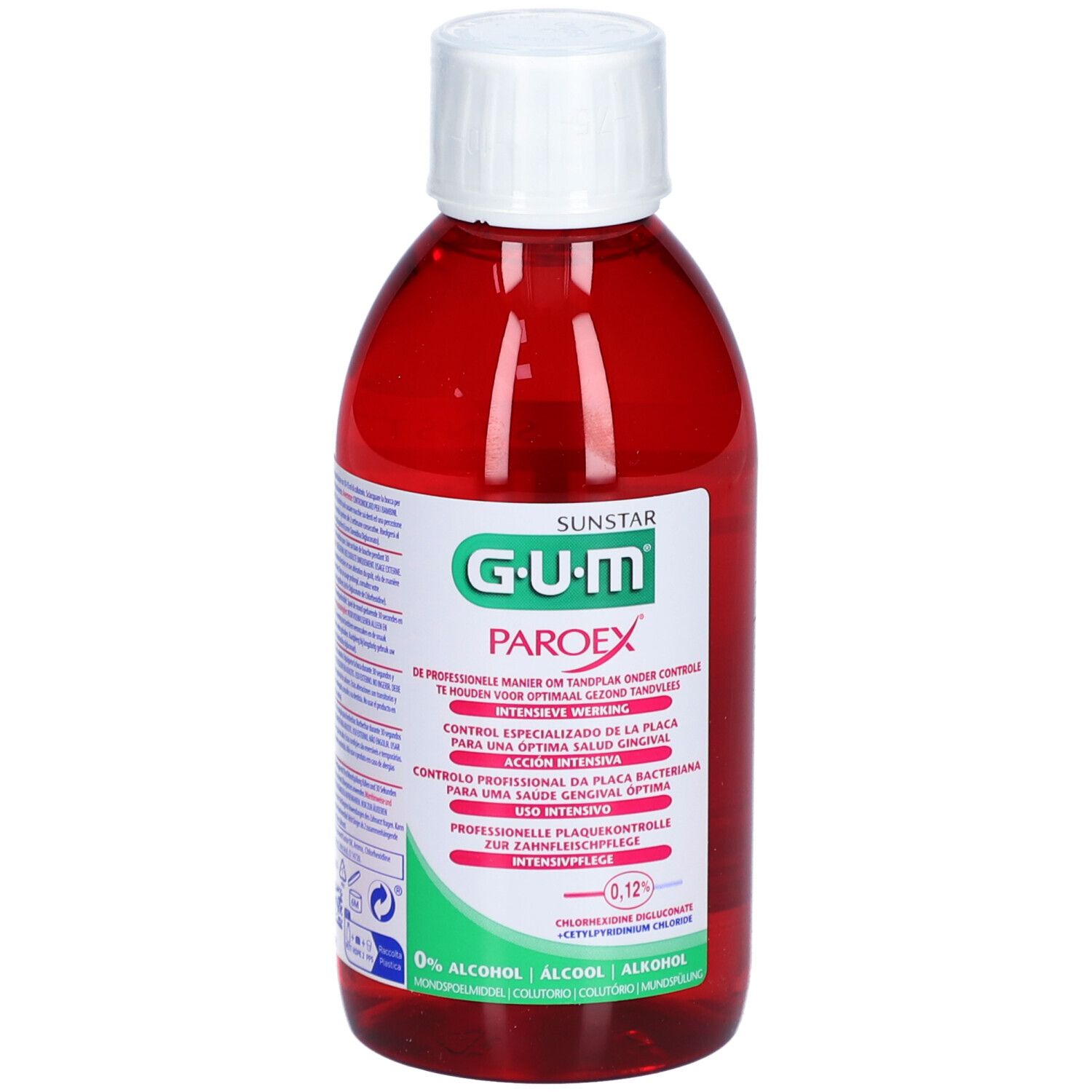 Rote Flasche mit weißem Deckel. Aufschrift: G.U.M. PAROEX, 0,12%.