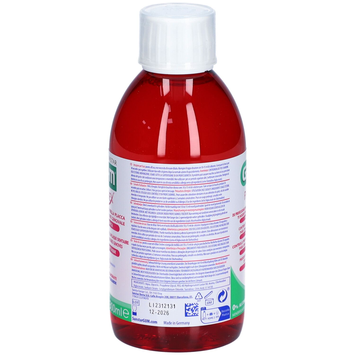 Rote Flasche mit weißem Deckel. Aufschrift: G.U.M. PAROEX, 0,12%.