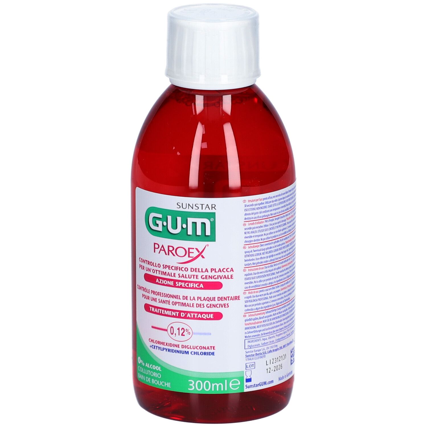 Rote Flasche mit weißem Deckel. Aufschrift: G.U.M. PAROEX, 0,12%.