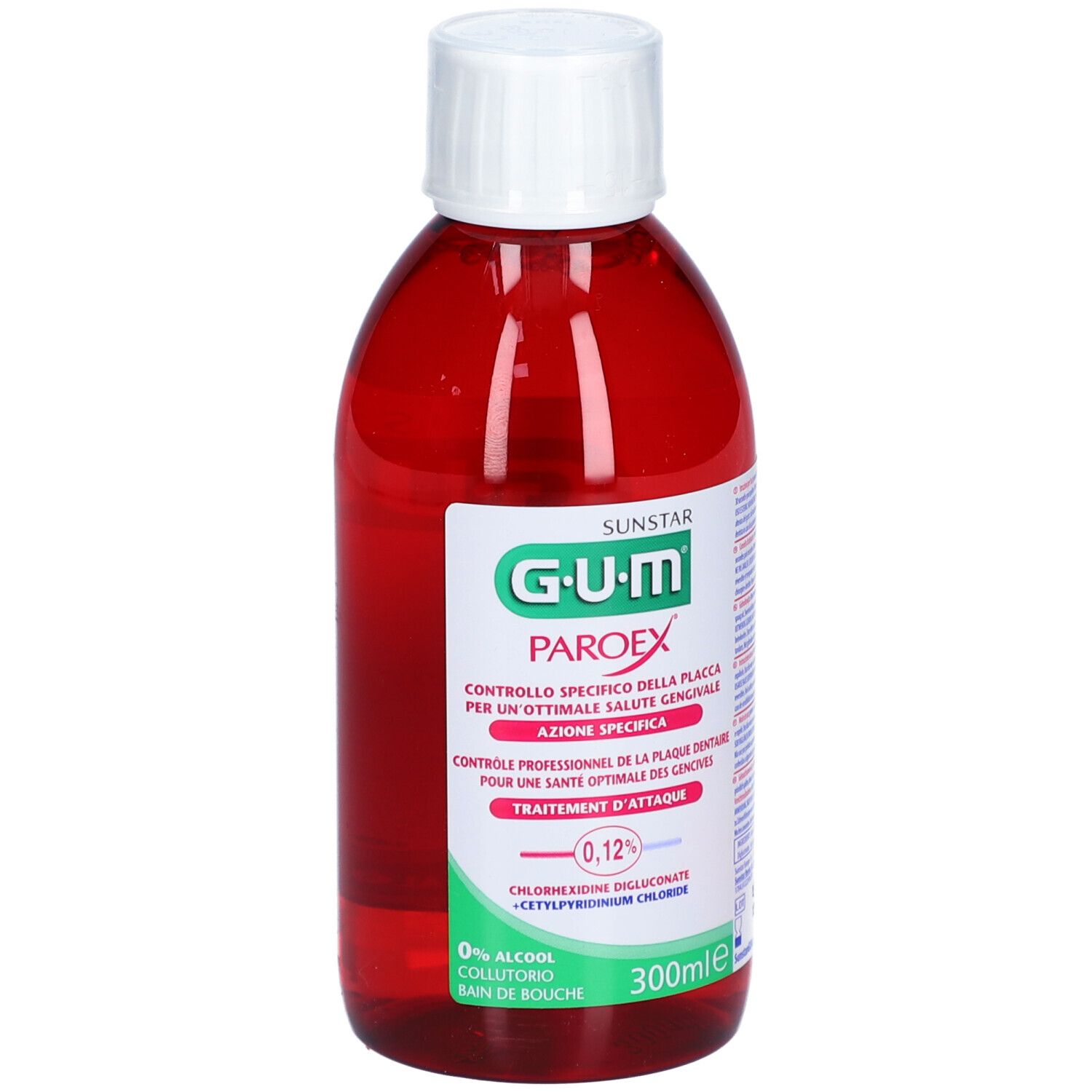 Rote Flasche mit weißem Deckel. Aufschrift: G.U.M. PAROEX, 0,12%.