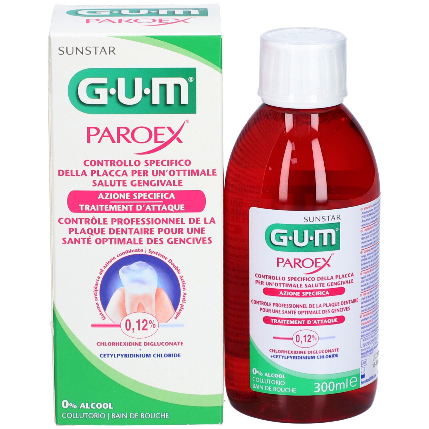G.U.M. PAROEX Mundspülung und Verpackung. Aufschrift: 0,12%.