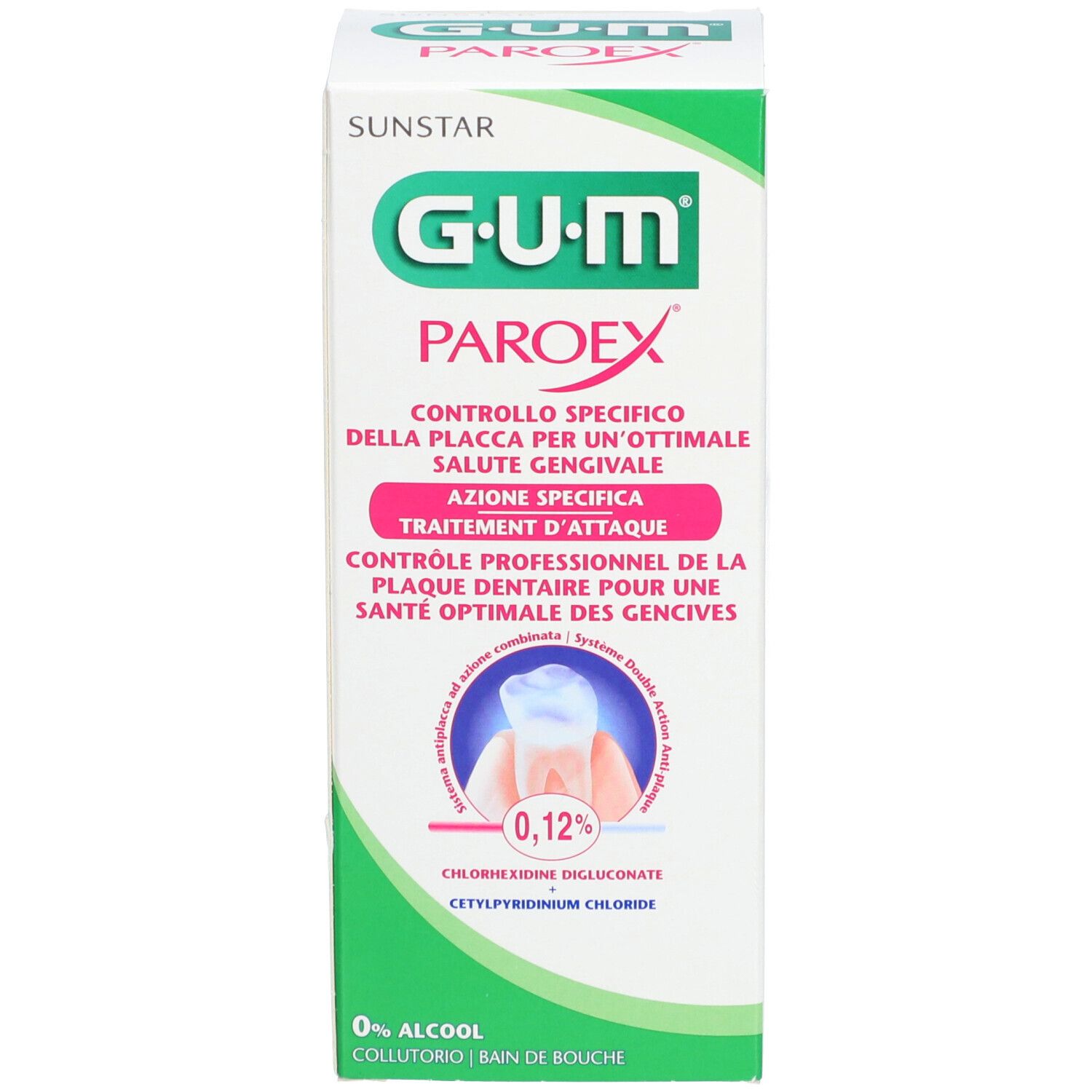 Verpackung von G.U.M. PAROEX Mundspülung. Aufschrift: 0,12%.