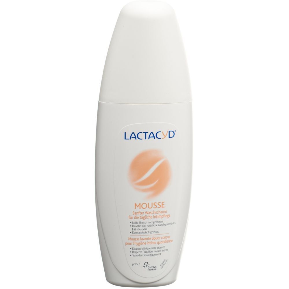 Flacon ovale blanc LACTACYD® Mousse. Graphisme orange et texte. Indication du pH.