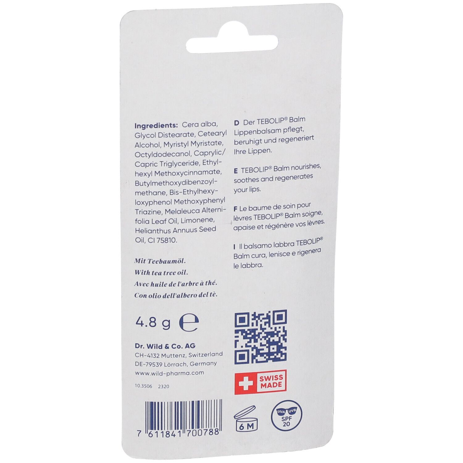 Rückseite der Lippenbalsam-Verpackung. Text: TEBOLIP Balm, Inhaltsstoffe, 4.8 g, Swiss Made, QR-Code, Lichtschutzfaktor 20.