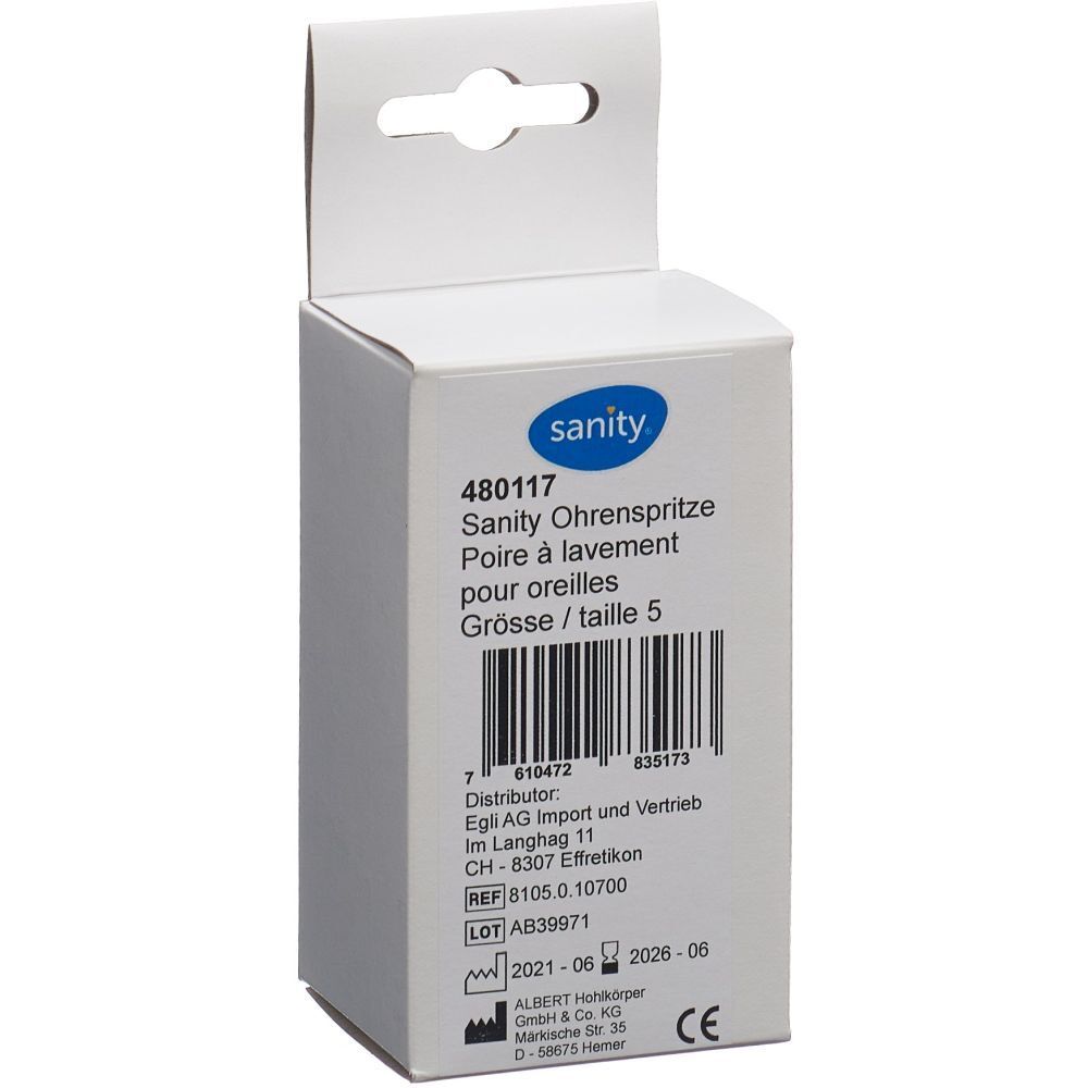 Weiße Verpackung mit Produktinformationen. SANITY Ohr-Einlaufbirne, Größe 5. Barcode und CE-Kennzeichnung.