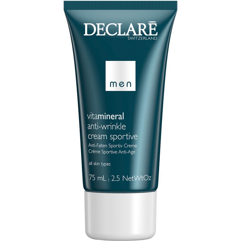 Blau-weiße Tube mit Declare-Logo und Produktbezeichnung. Enthält 75 ml Anti-Falten-Creme für Männer.