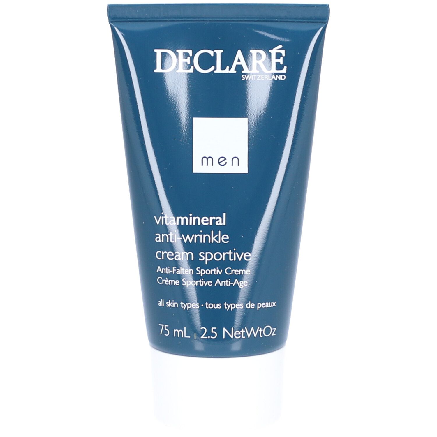 Blaue Tube mit weißem Deckel. Aufschrift: DECLARÉ, men, Anti-Falten Creme Sportive. 75 ml.