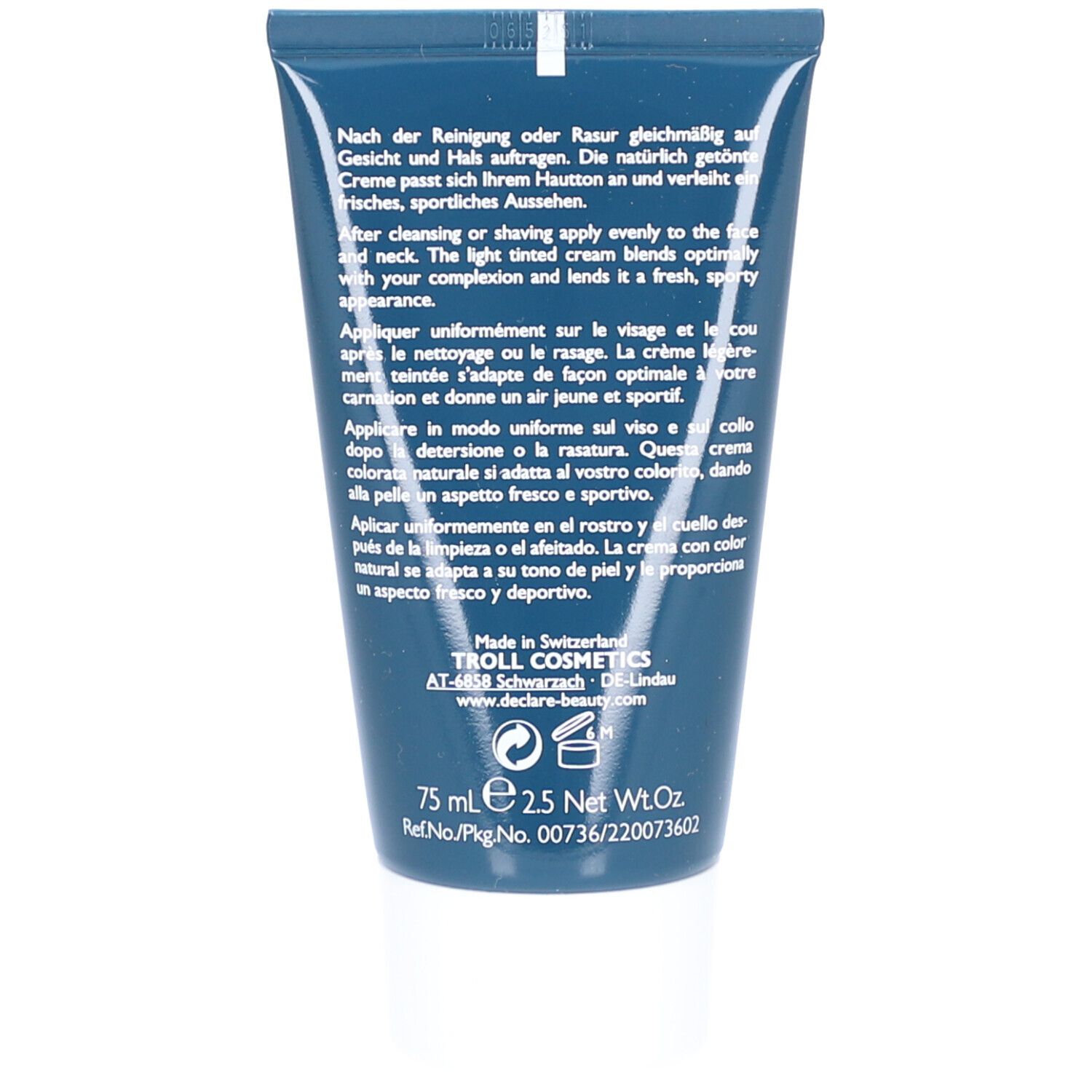 Rückseite der blauen Tube. Text in mehreren Sprachen. Hersteller: TROLL COSMETICS. 75 ml.
