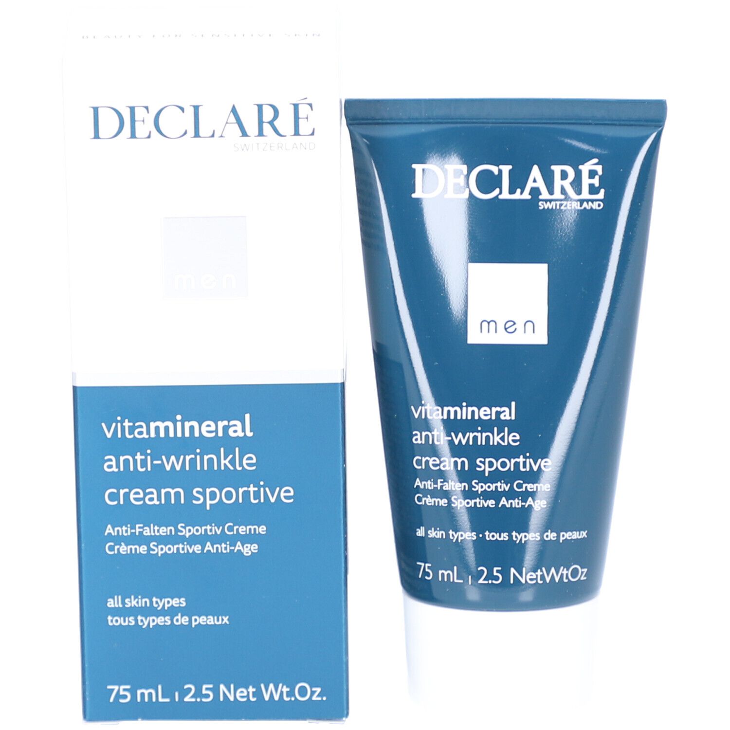 Produktverpackung: Tube und Schachtel. Aufschrift: DECLARÉ, Anti-Falten Creme Sportive. 75 ml.