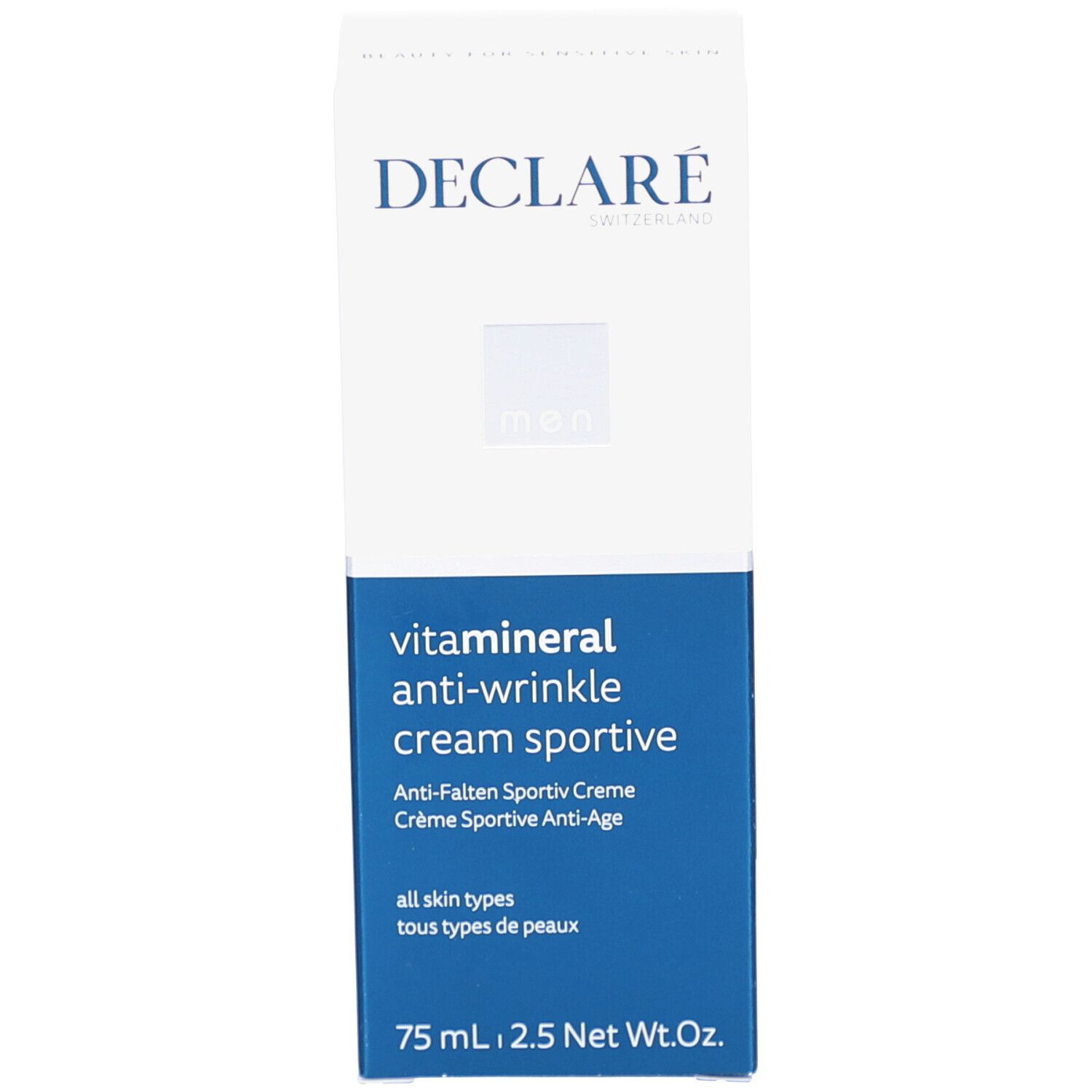 Weiße Schachtel mit blauer Unterseite. Aufschrift: DECLARÉ, Anti-Falten Creme Sportive. 75 ml.