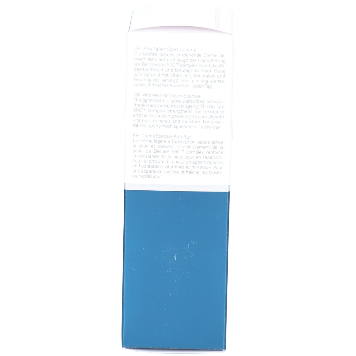 Seite der Schachtel. Text in mehreren Sprachen. Produktbeschreibung.