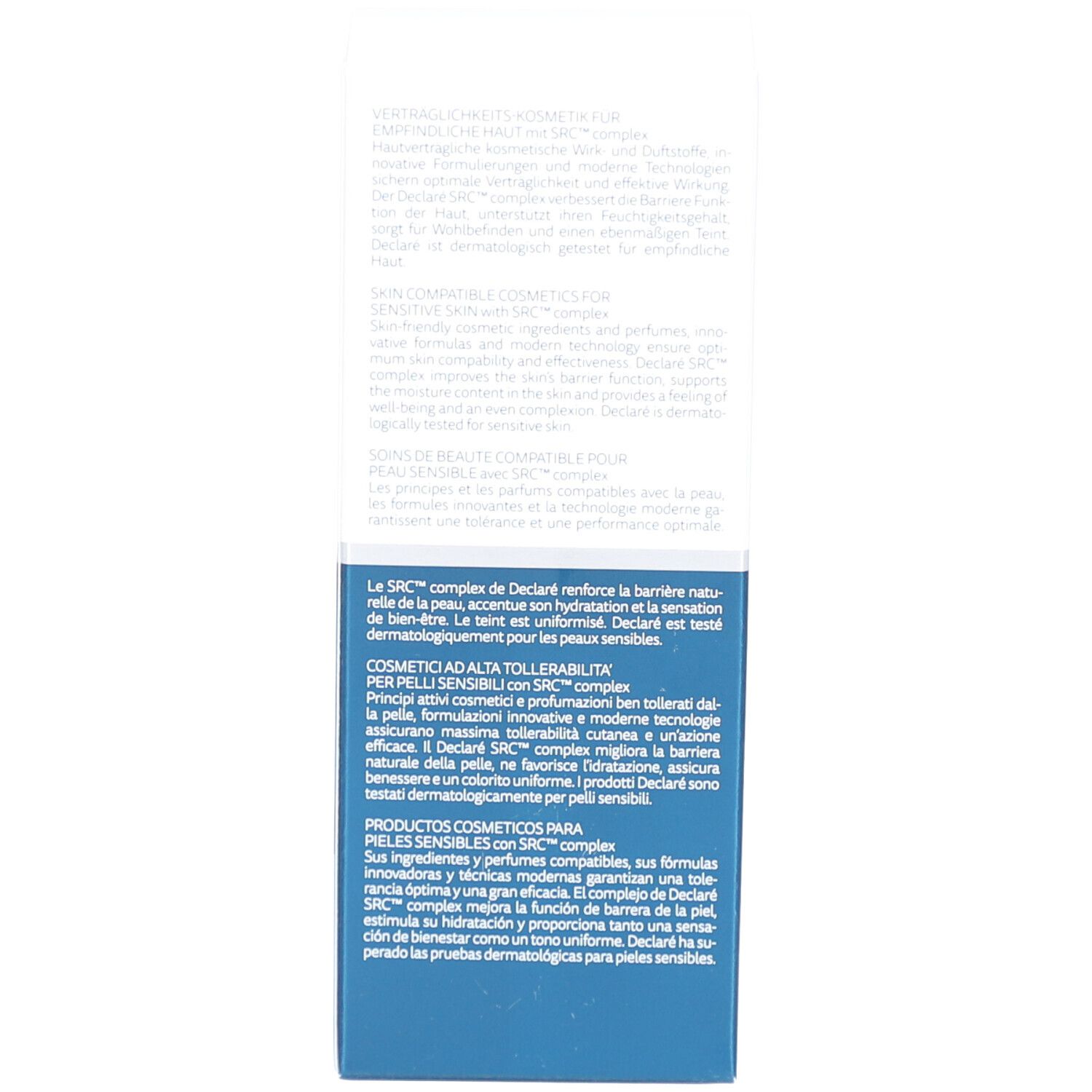 Seite der Schachtel. Text in mehreren Sprachen. Produktbeschreibung.