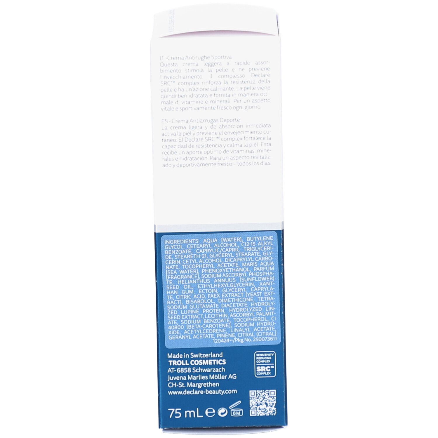 Seite der Schachtel. Inhaltsstoffe und Herstellerinformationen. 75 ml.