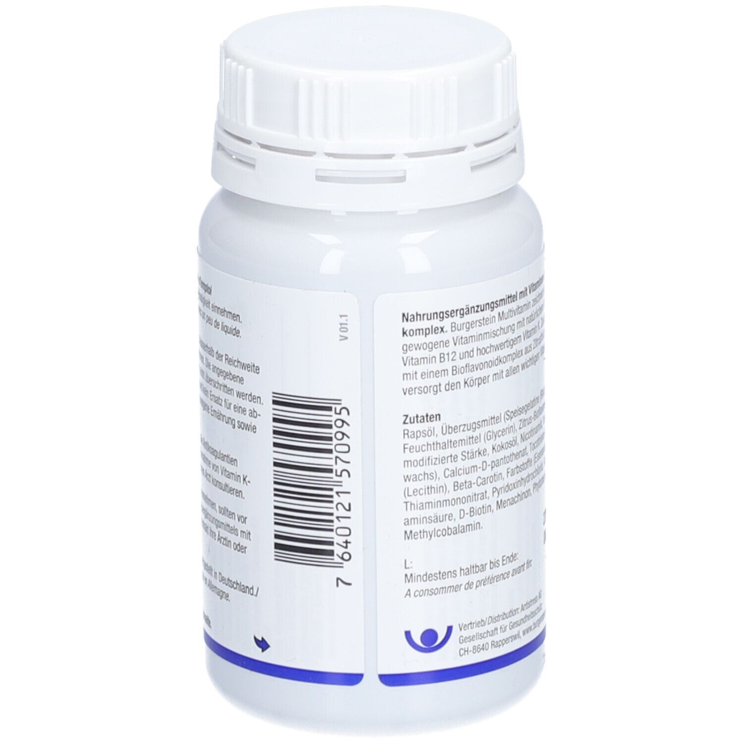 Weiße Flasche mit Schraubverschluss. Rückseite mit Inhaltsstoffen und Barcode. Blaue Schrift und Details.