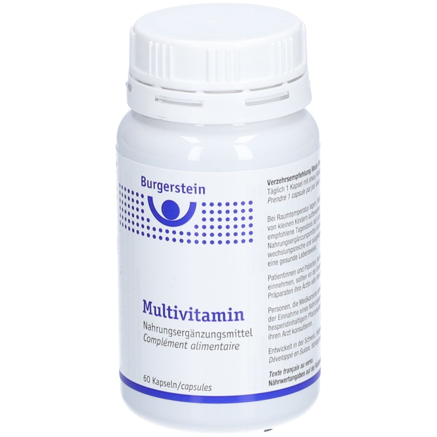 Weiße Flasche mit Schraubverschluss. Aufschrift: Burgerstein, Multivitamin, 60 Kapseln. Blaue Punkte und Schrift.