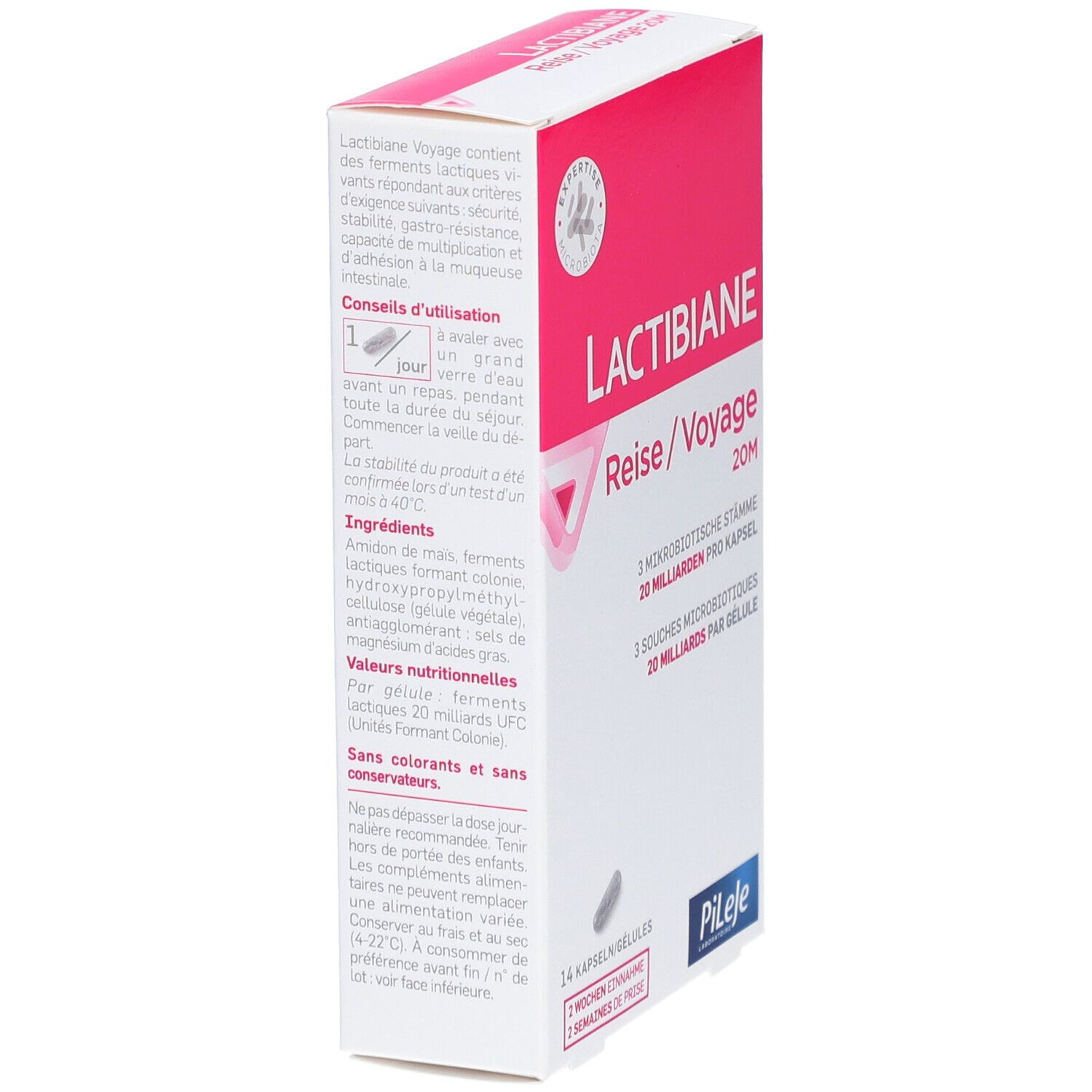 Weiß-rosa Schachtel, Seitenansicht. Text: LACTIBIANE Reise/Voyage 20M, 14 Kapseln, Pileje. Enthält Informationen.